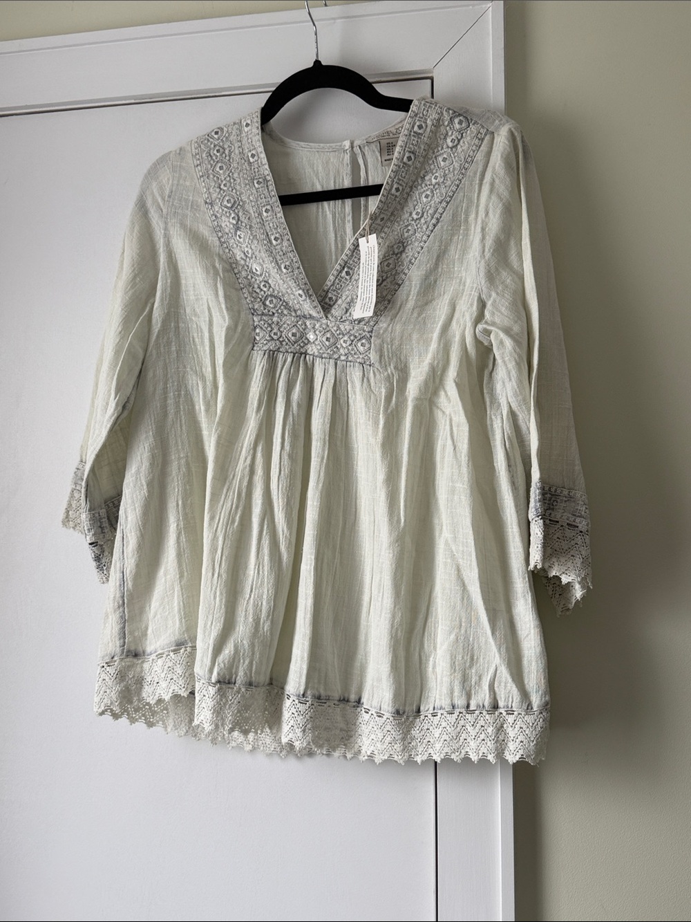 NWT Rachel Zoe Mint Green Embroidered Lace T Boho Peasant long sleeve Top Size:S